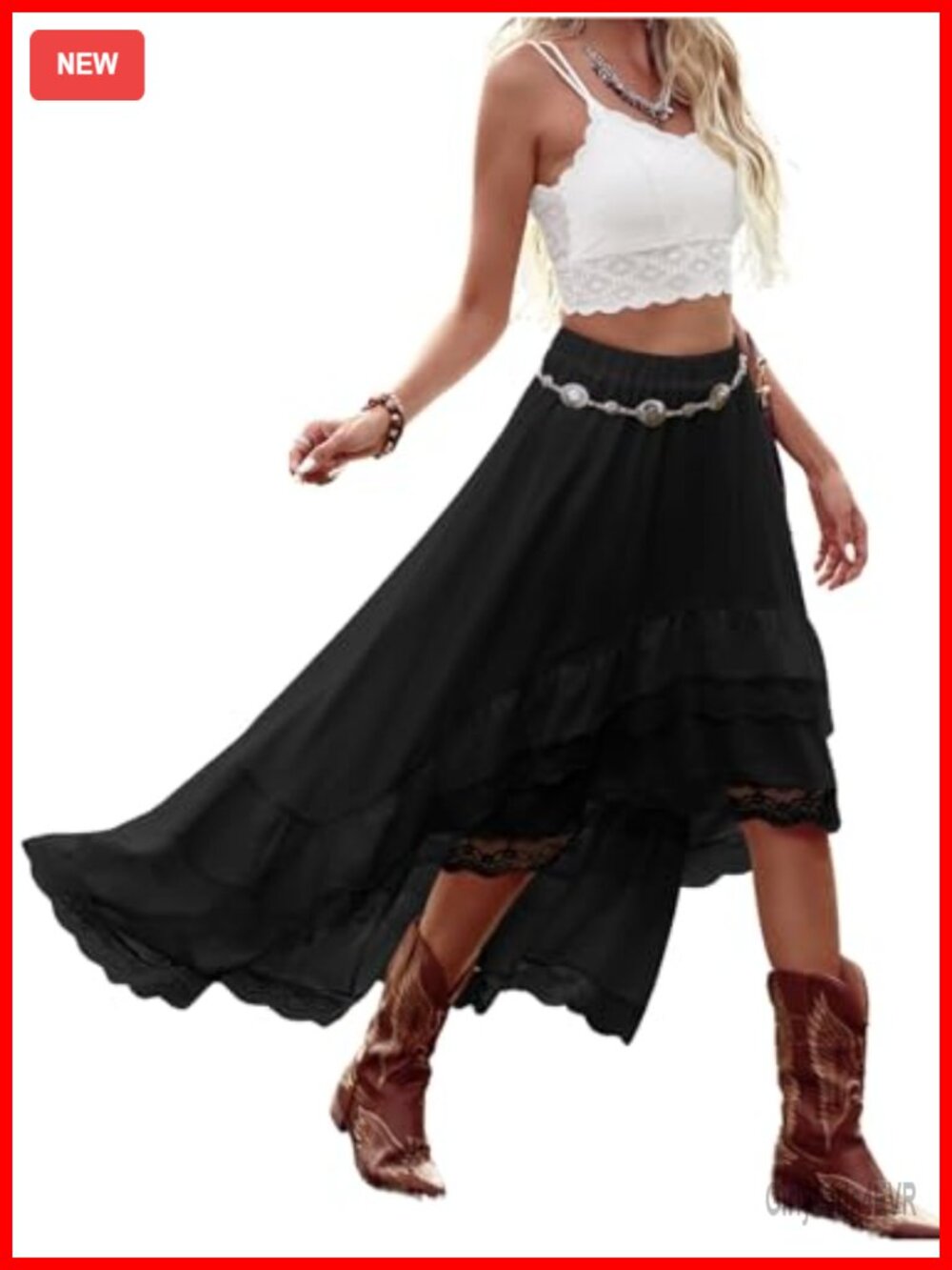 Western Cowgirl Lace Flowy Skirt Country Concert Festival Outfit